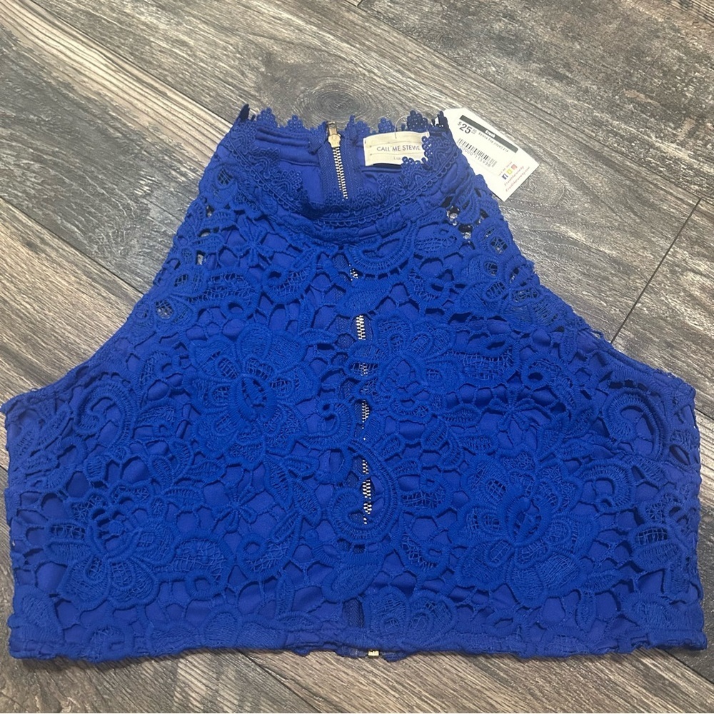 NWT Blue Lace Lined Crop Halter Top Blue Women’s Large